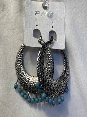 Boho Silver Tone Hammered Crescent Hoop Earrings Faux Turquoise Beaded Fringe